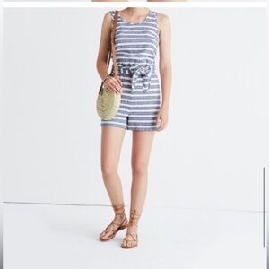 Madewell Blue and White Striped Romper with Elastic Waist and Back Tie, Medium